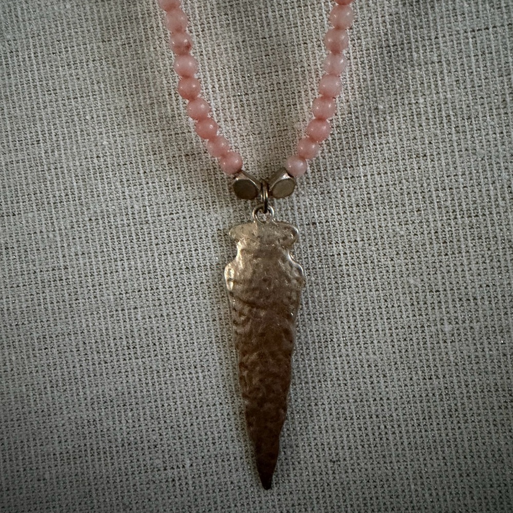 Pink Beaded Pendant Necklace - Gold Spike Charm - Picture 2 of 5